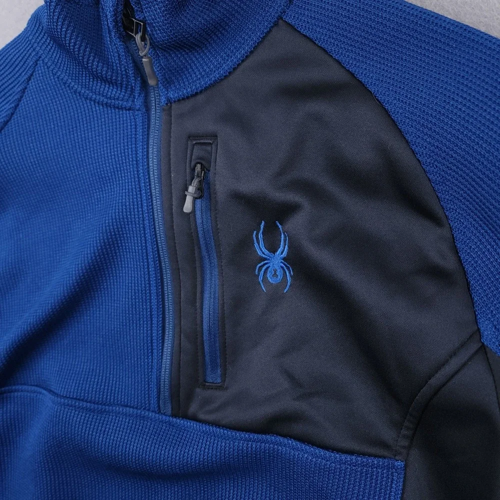 Spyder Mens Blue Black Quarter Zip Waffle Knit Fleece Pullover Jacket 229517 M